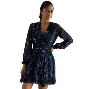 Anthropologie Ruched Floral Mini Dress Size Medium Long Sleeve V-Neck